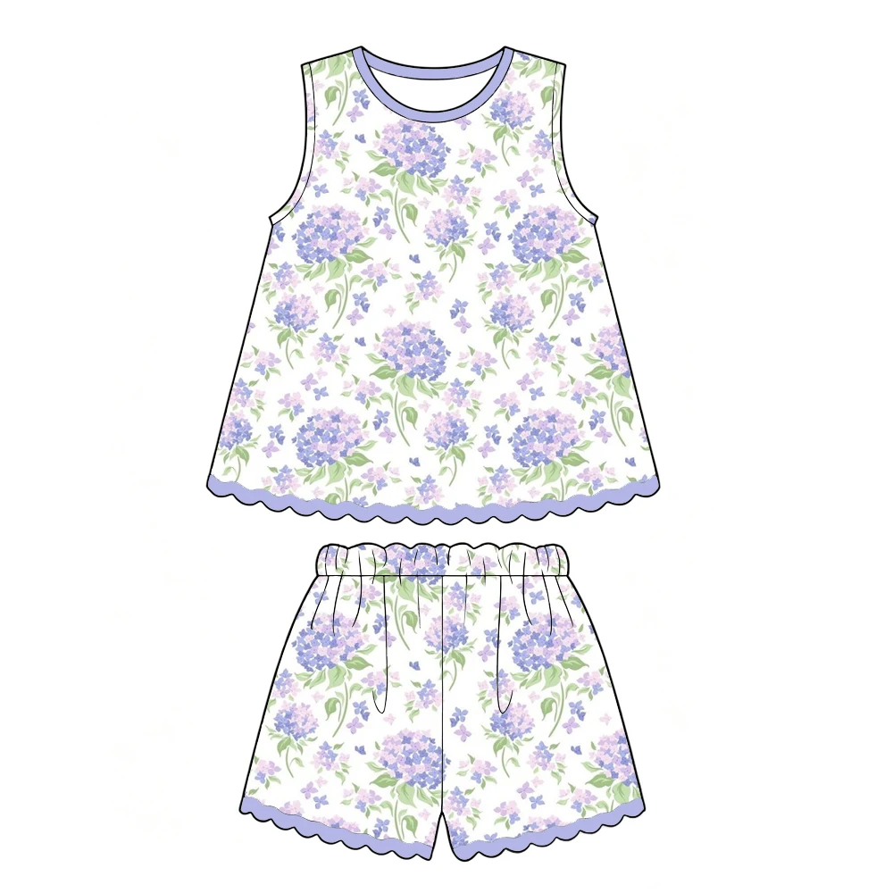 Boutique hot-selling girls' outfit Sleeveless dress paired with shorts set Baby's breath flower print print custom wholesale