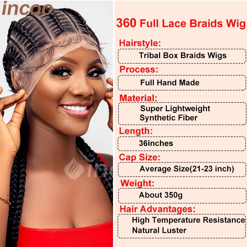 36-calowe Cornrows Plecione Peruki Syntetyczna Pełna Koronkowa Peruka Dla Czarnych Kobiet Jumbo Plecione Peruki Koronkowe Faux Locs Box Braids Wig