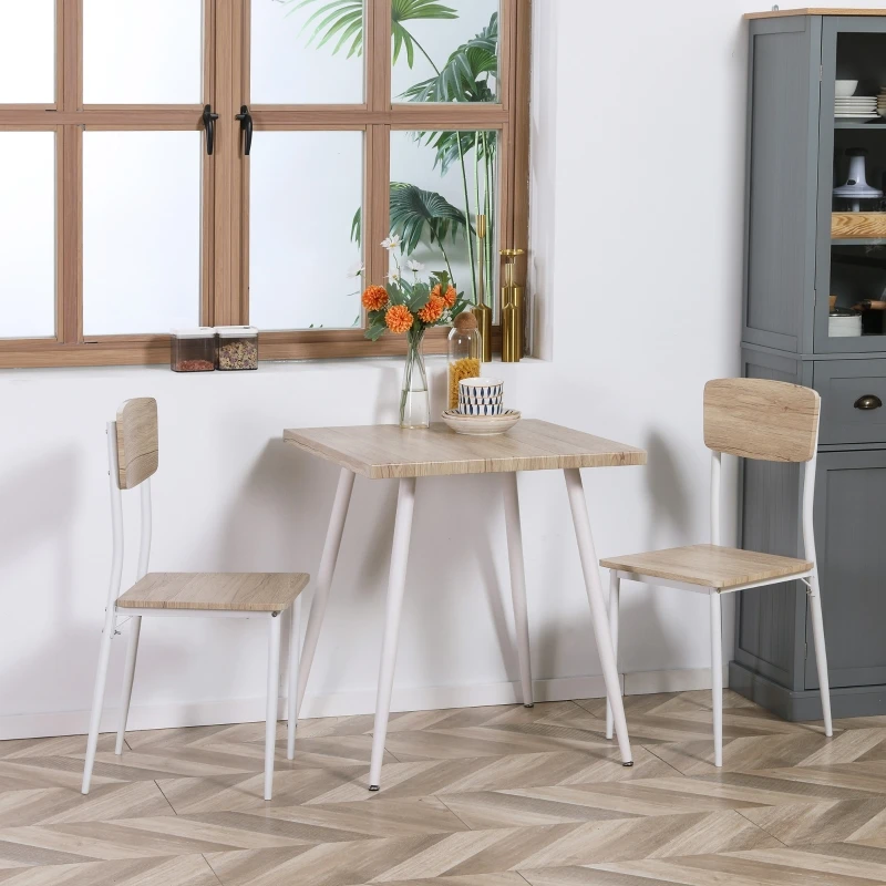 Ensemble table à manger carrée 3 pièces avec 2 chaises, plateau MDF et châssis métal blanc pour cuisine et salle à manger