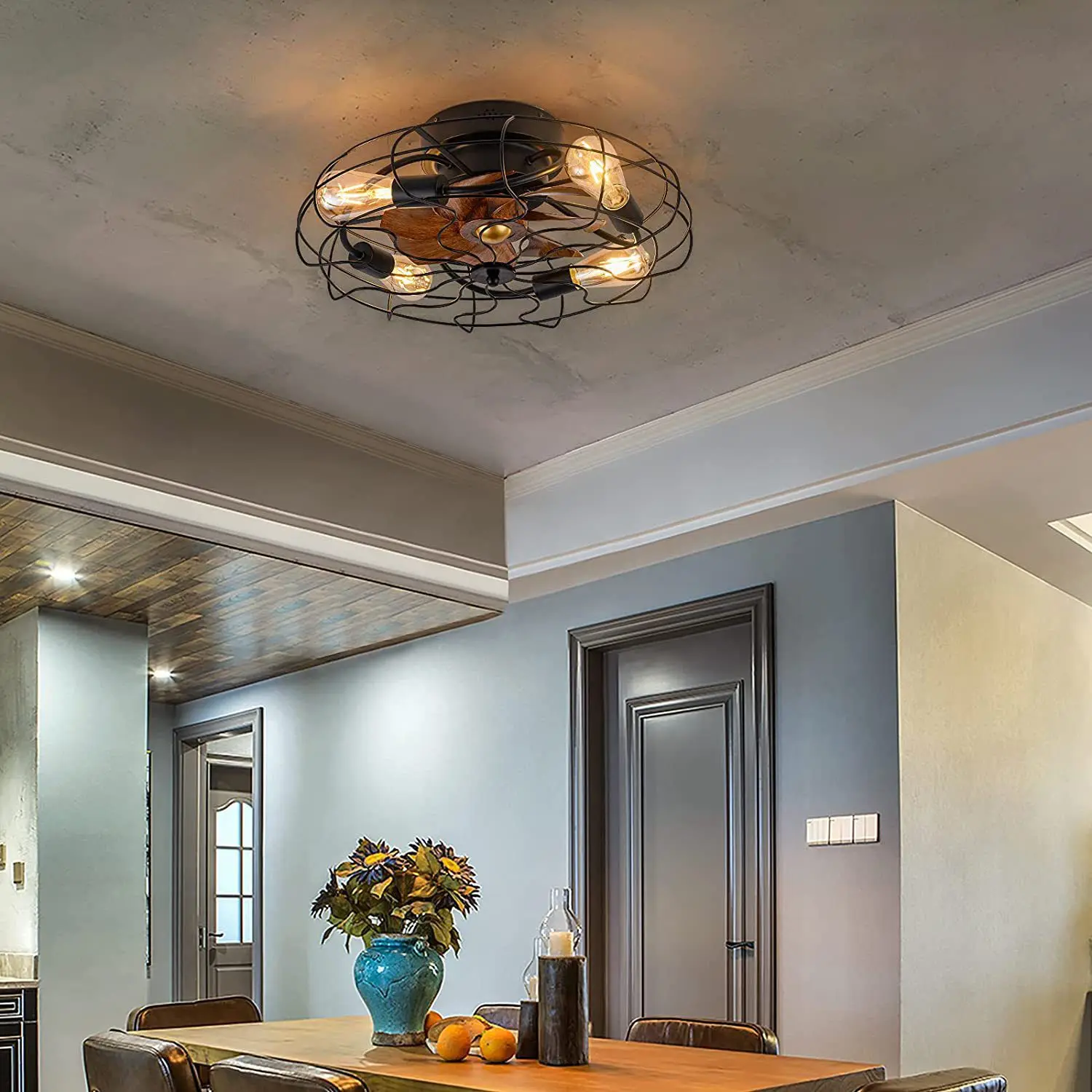 Industrial Retro Fan Light Living Room Dining Room Ceiling Fan Light Remote Control Fan Chandelier Home American 20\