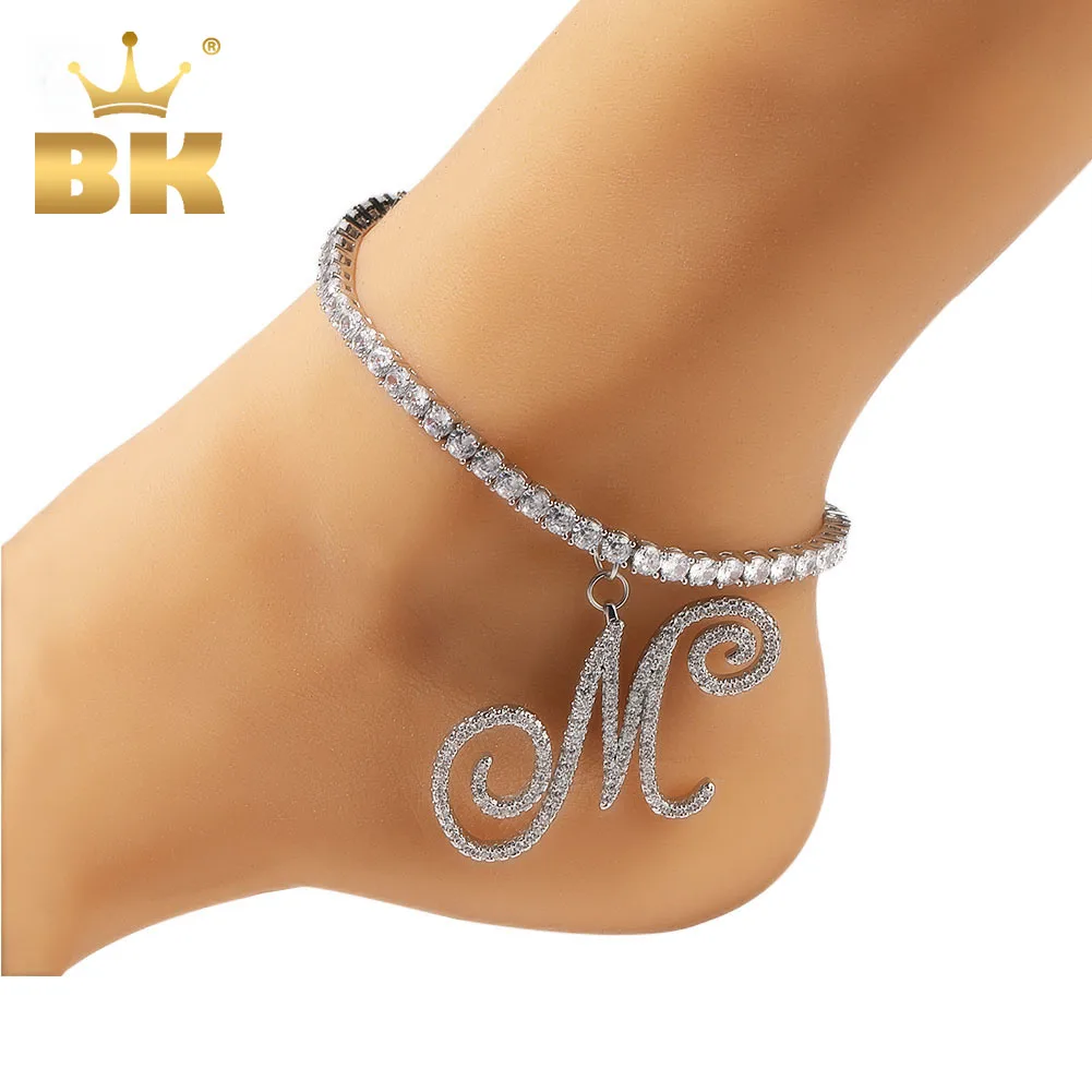 

THE BLING KING 4mm 9inch Tennis Anklet DIY Cursive Letters Iced Out Cubic Zirconia Mens Women Charm Hiphop Jewelry