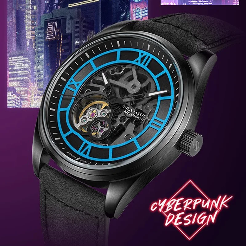 Seagull Luminous Men's Watch Skeleton Flywheel Fashion Mechanical Watches Sapphire Blue Clock Crazy Horse Leather Strap 6103HK