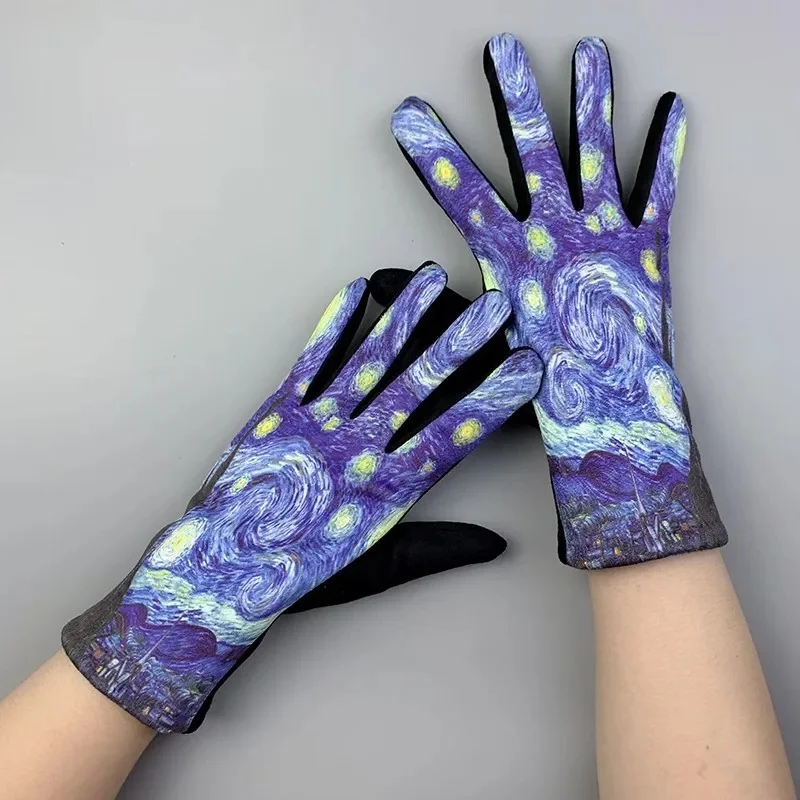 AliExpress LAOVCE Winter Warm Van Gogh Oil Painting Gloves Fashion Retro Opera Performance Women Cycling Drive Touch Screen Full Finger Thicken