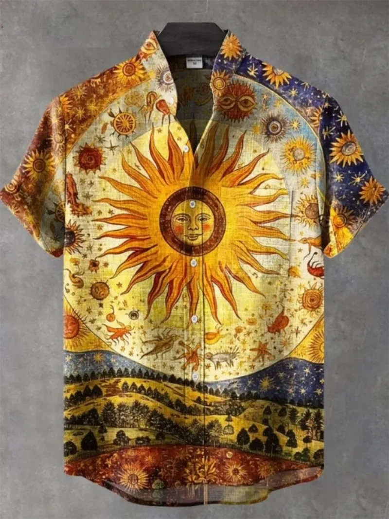 New sunflower linen shirt 3D printing shirt men's Hawaiian shirt men's casual professional lapel shirt summer beach short-sleeve