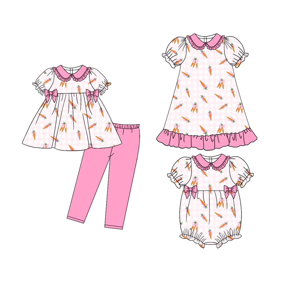 Boutique Girls Easter Outfit Bow Carrot Themed Clothes Collared Dress Matches Baby Bubble Romper Sister Clothes
