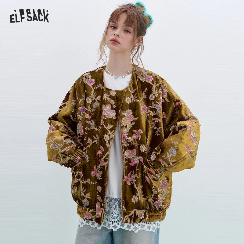 ELFSACK 2025 Frühjahr Neuheiten Retro Elegante Samt Koi Print Kurze Jacke Frauen Neo-Chinesischen Stil Goldfisch Top