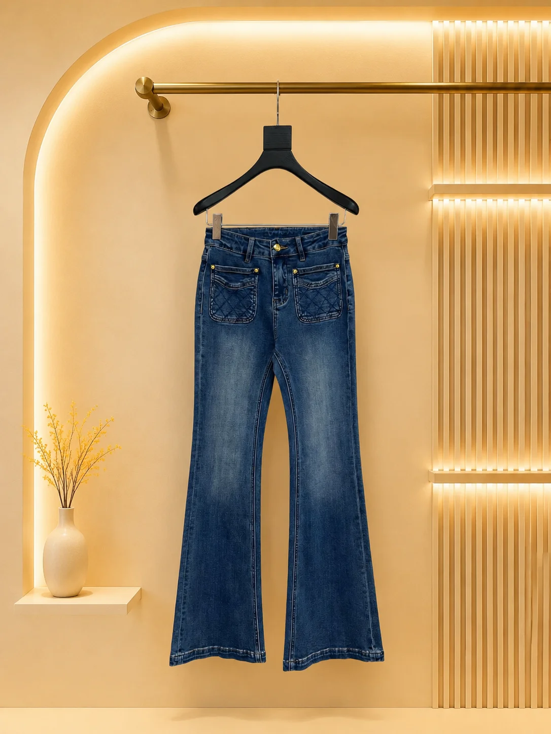 2026 Women Jeans Flare Silhouette Washed Cotton Denim Fabric Quilted Patch Pockets Metal Rivet Details