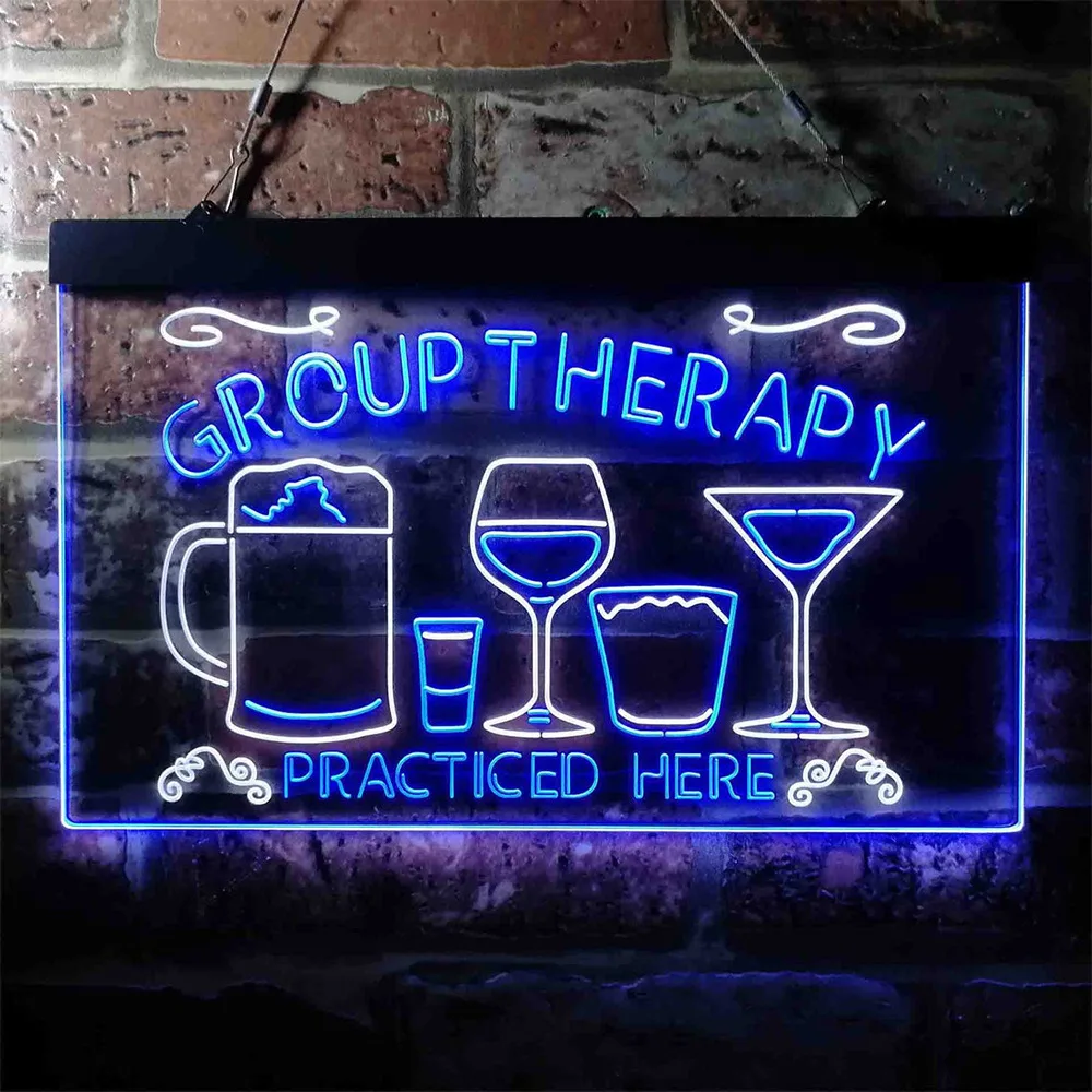 Custom Neon Sign Beer Cocktails Group Therapy Practiced Here Humor Dual-color LED Neon Sign Cocktail Party Home Bar Neon Sign