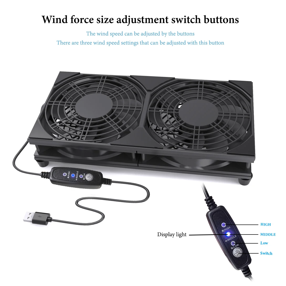 

USB-кулер с двумя вентиляторами и регулируемой трехскоростной регулировкой скорости вращения вентиляторов через USB 5V. Вентилятор охлаждения для роутеров, серверов и игровых консолей.