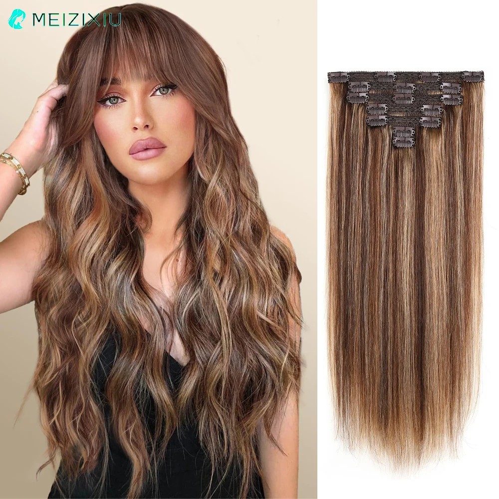 

Clip In Hair Extensions Add Hair Lace Full Head Double Weft 7PCS Clip In Human Hair Extensions for Women #27 Brown Straight Hair