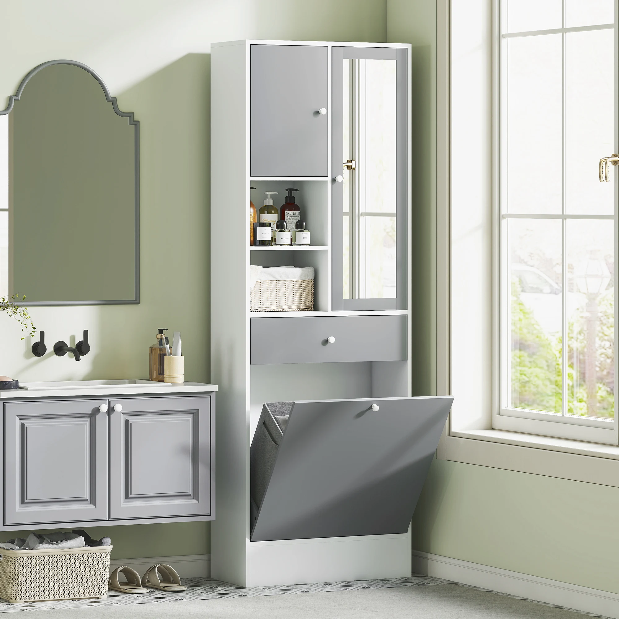 Meuble de salle de bain avec panier à linge et miroir étagère réglable 62 x 28,3 x 181 cm gris et blanc