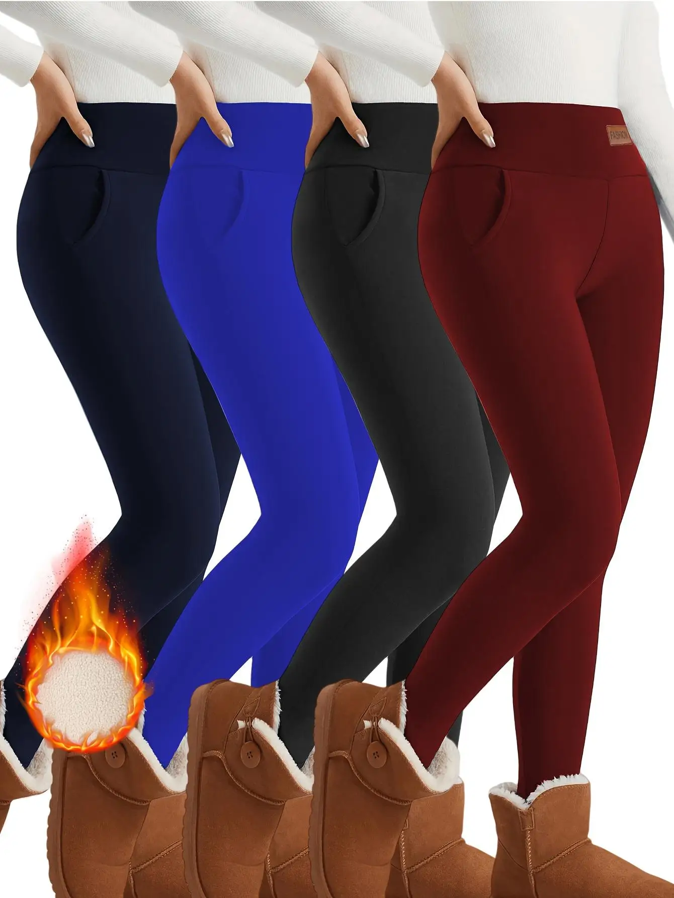 

4-Pack Women's Fleece-Lined High-Waist Yoga Pants with Leather Trim & Pockets Slim Windproof Ultra-Warm Soft for Cold Weather Ev