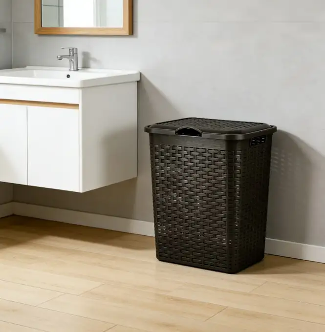 Panier à linge 38L avec couvercle, design en osier synthétique, 30x39x49 cm, disponible en gris, blanc, beige et marron, panier de rangement pour la maison