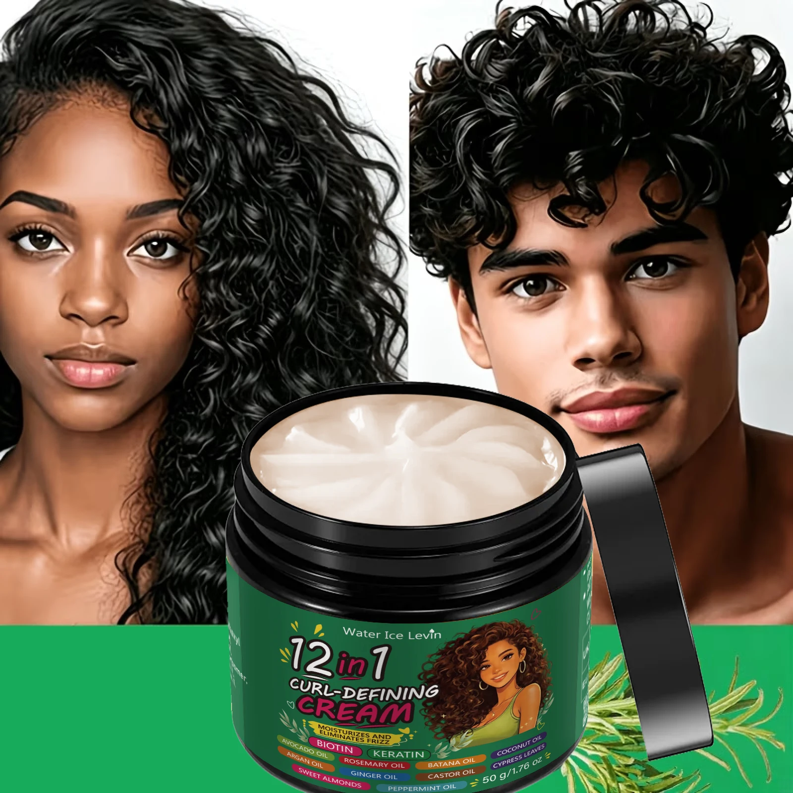 Water Ice Levin 12 in 1 Curl Defining Cream, Leave-in Hair Mask, Moisturize Smooth Hair, Reduce Frizz, 50g