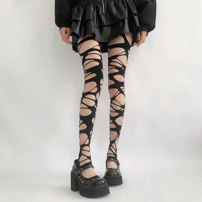 2PC Set {Ripped Pantyhose / Ripped Thigh High Socks}，Fashion Punk Torn Strap Holes Tights Nue Sexy Lolita Gothic Spider Web Stockings Ladies Y2k Black Mesh Soft Tights High Hosiery view 3