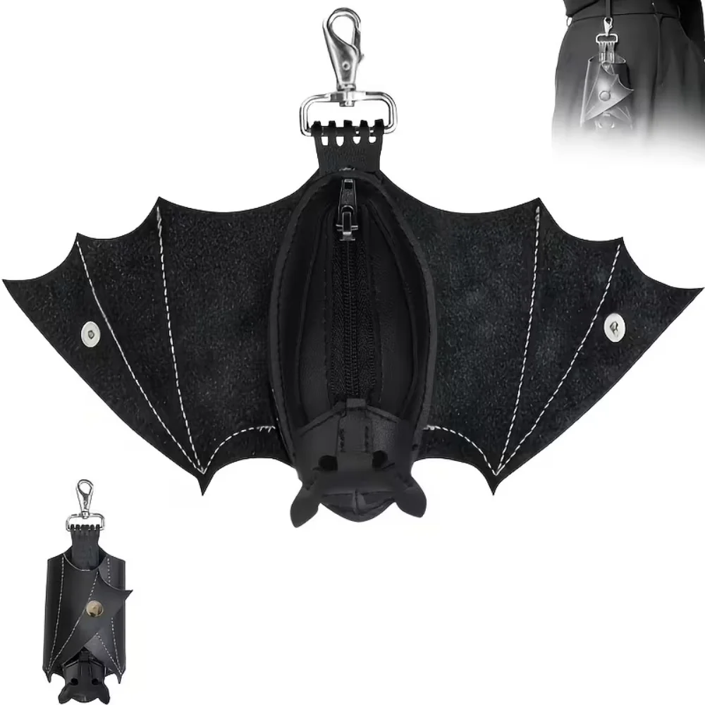 

Кожаный кошелек-монетница ручной работы в готическом стиле с крыльями и молнией, для украшения сумки и брелока, модный аксессуар