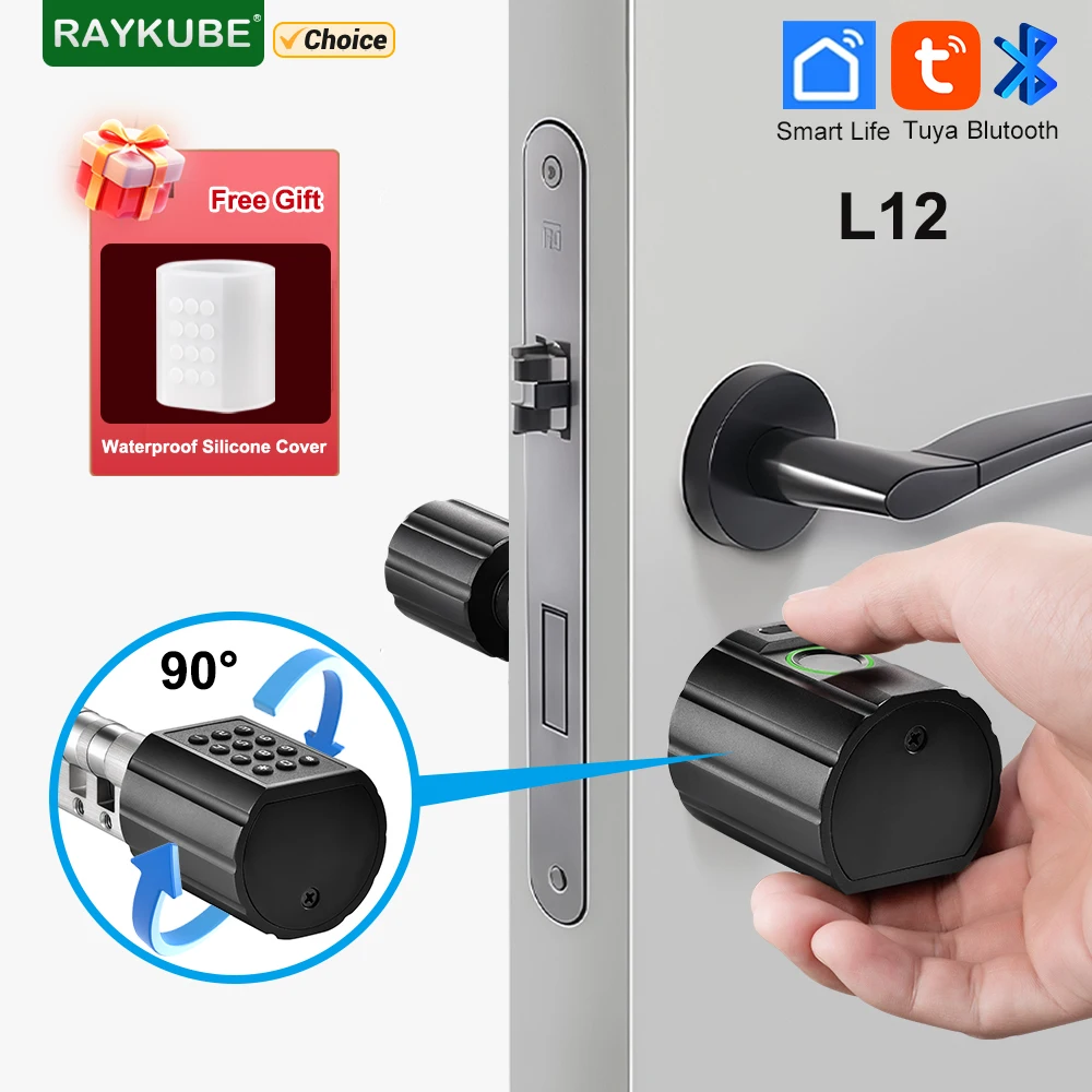 RAYKUBE L12 Tuya BLE Fingerprint Cylinder Electric Digital Door Lock With Waterproof Silicone Cover Password/Key/Tuya APP Unlock