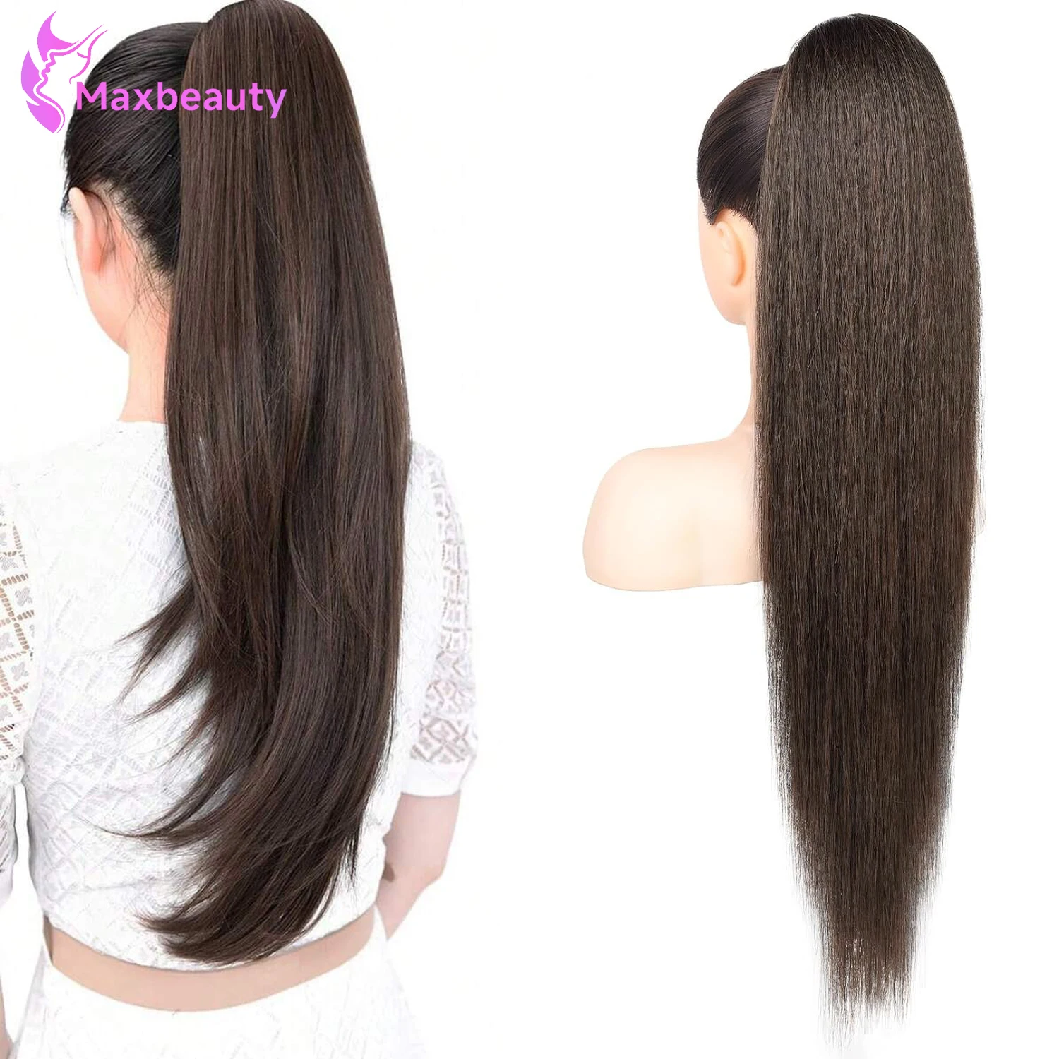 Ponytail Extensions Drawstring Long Straight Pony Tail #2 Dark Brown Natural Soft Clip In Hair Extension Human Hair Hairpiece
