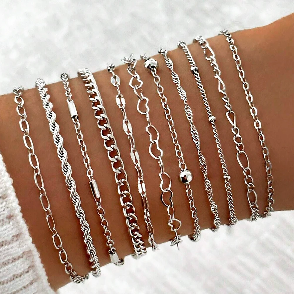 Csúcsérték 11PCS állítsa Féleszű stackable Ezüst- színben Fém Rablánc bracelet számára Nők évjárat Sikk Szív Rablánc Karcsat állítsa ékszer