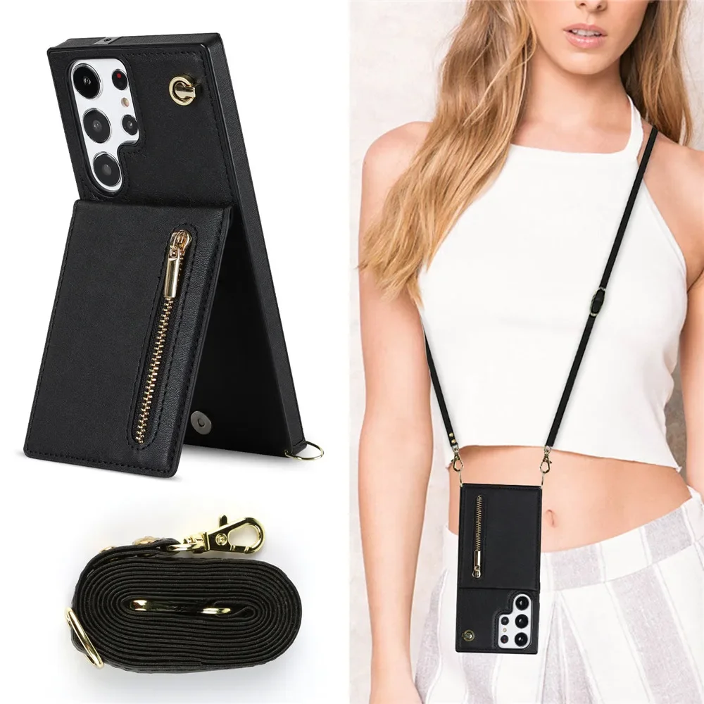 Etui z zamkiem błyskawicznym, na ramię, z paskiem, z funkcją stojaka i przegródkami na karty, do Samsung Galaxy S26 S25 S24 S23 Ultra S22 Plus S21 FE S20 — zdjęcie produktu 7