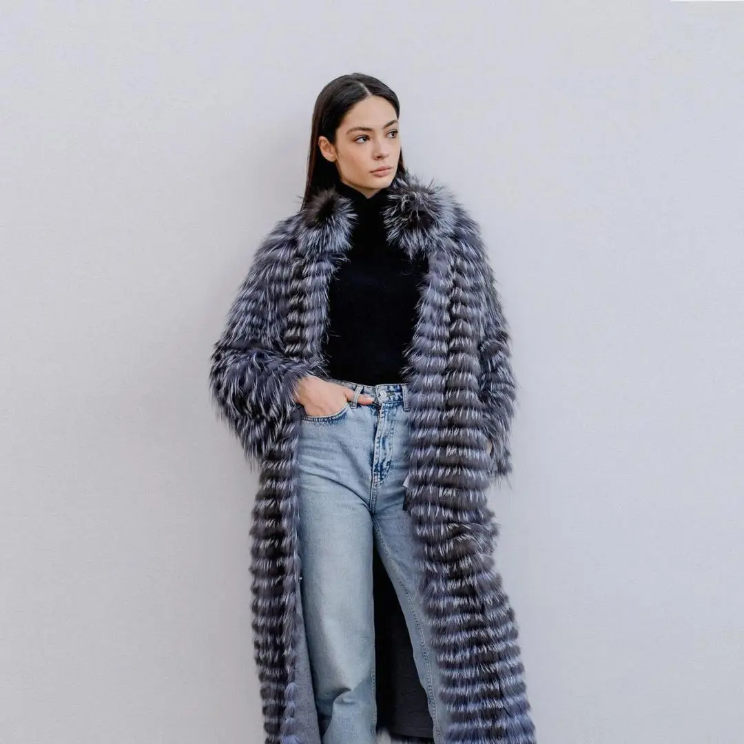 Długi płaszcz damski z prawdziwego futra lisa srebrnego, zimowa odzież wierzchnia, wysokiej jakości skóra naturalna, naturalne futro, stójka.