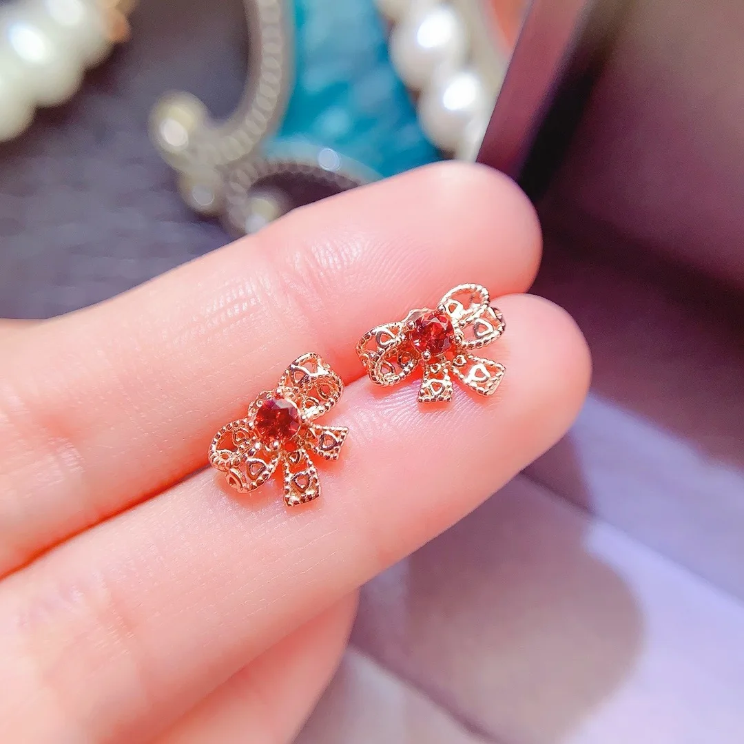925 Sterling Silver Inset Natural Magnesium Aluminum Garnet 4x4mm Girls Electroplated Rose Gold Hollow Earrings to Girlfriend