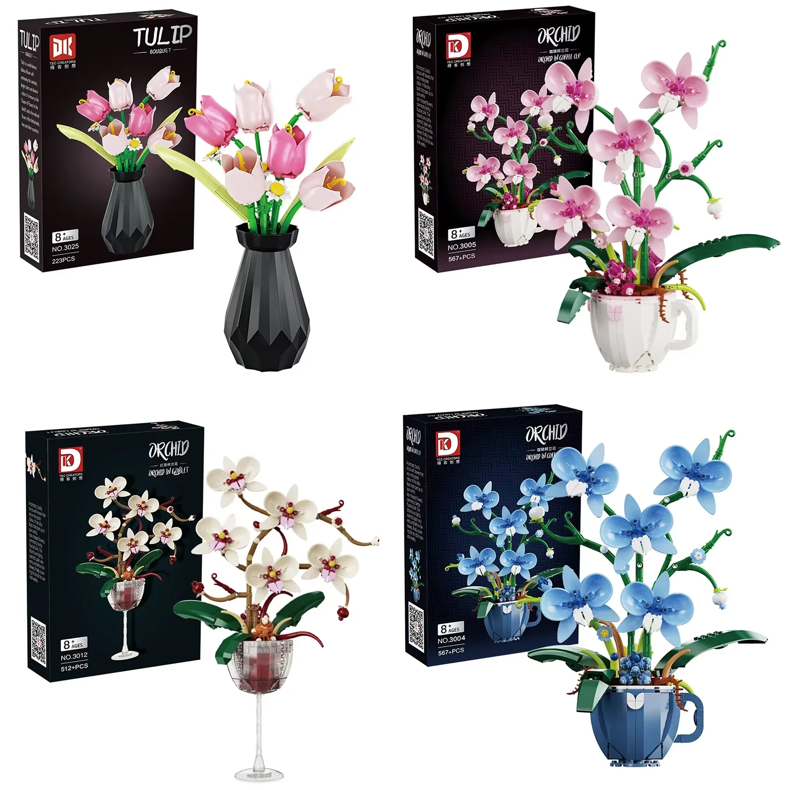 Romantische Stadt-Bausteine Teetassen Vasen Orchideen Blumenstrauß Bonsai-Pflanzenmodell Bausteine Heimdekoration Spielzeug Geschenk für Paare