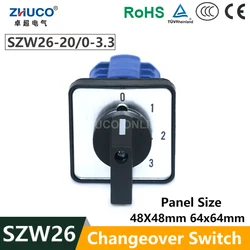 ZHUCO SZW26/LW26-20 Ui 660V 0-1-2-3 3 Phase Changeover Switch 4 Position Selector Switch 64X64 48X48 mm Panel Mount Cam Switch