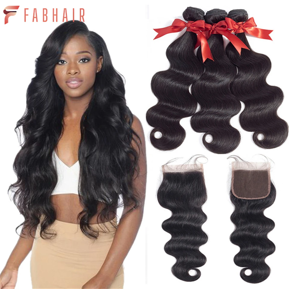 

FABHAIR 3/4 Remy Body Wave Human Hair Bundles With Closure 10A Brazilian HD Transparent Swiss 4x4 Lace Closure and Bundle Weave