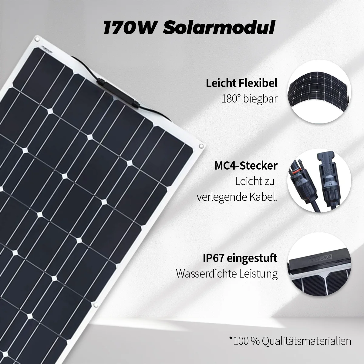 Buigbaar 170W zonnepaneel, 97% lichttransmissie, glasvezelversterkt, IP68 waterdicht, eenvoudige lijmbevestiging voor gebogen oppervlakken, camper, jacht