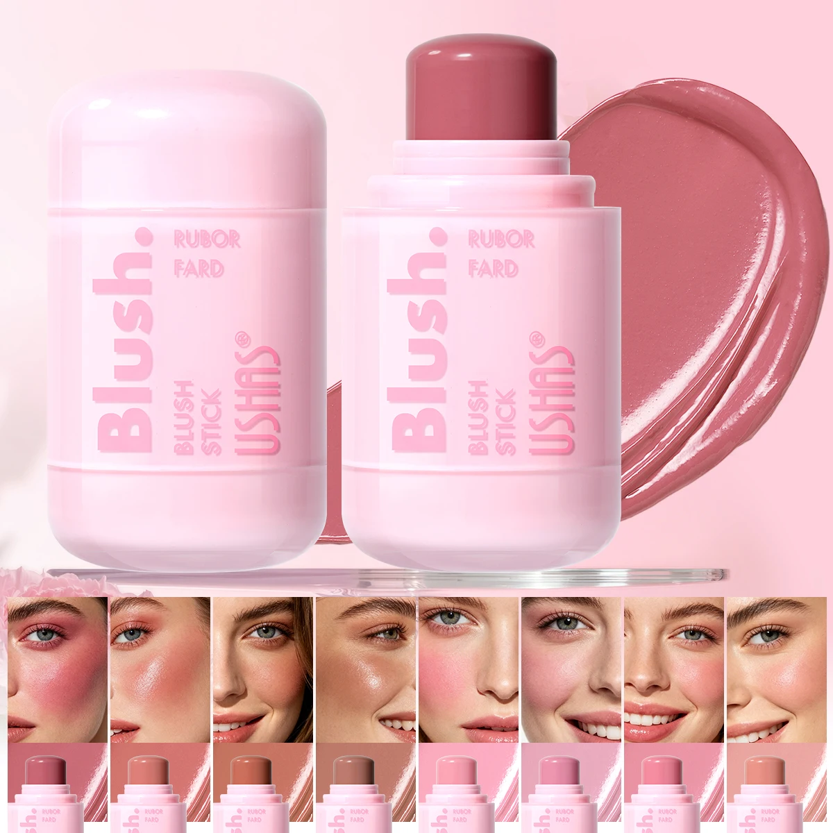 Barra de Rubor Suave como la Seda USHAS, Rubor en Crema Multiusos con Acabado Luminoso, Tinte para Mejillas Pigmentado a Prueba de Agua, Rubor Ligero de Larga Duración