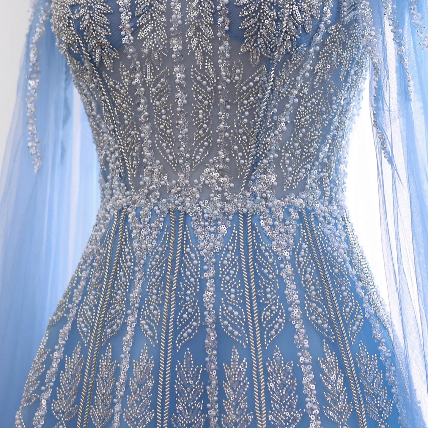 Sharon Said Luxuriöses Dubai Blaues Abendkleid mit Cape-Ärmeln in Übergröße, A-Linie, Arabisches Hochzeits- und Festkleid SS001, Maßanfertigung – Detail 7