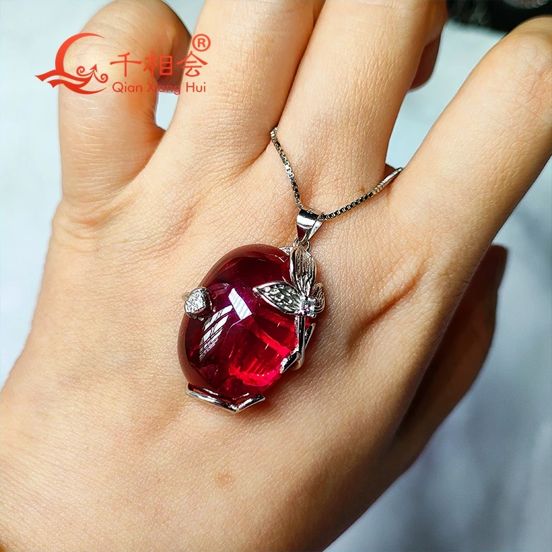 45ct S925 Silver Flower Oval Shape Pendant with Inclusions Lab Grown Pigeon Blood Red Ruby Jewelry for Necklace