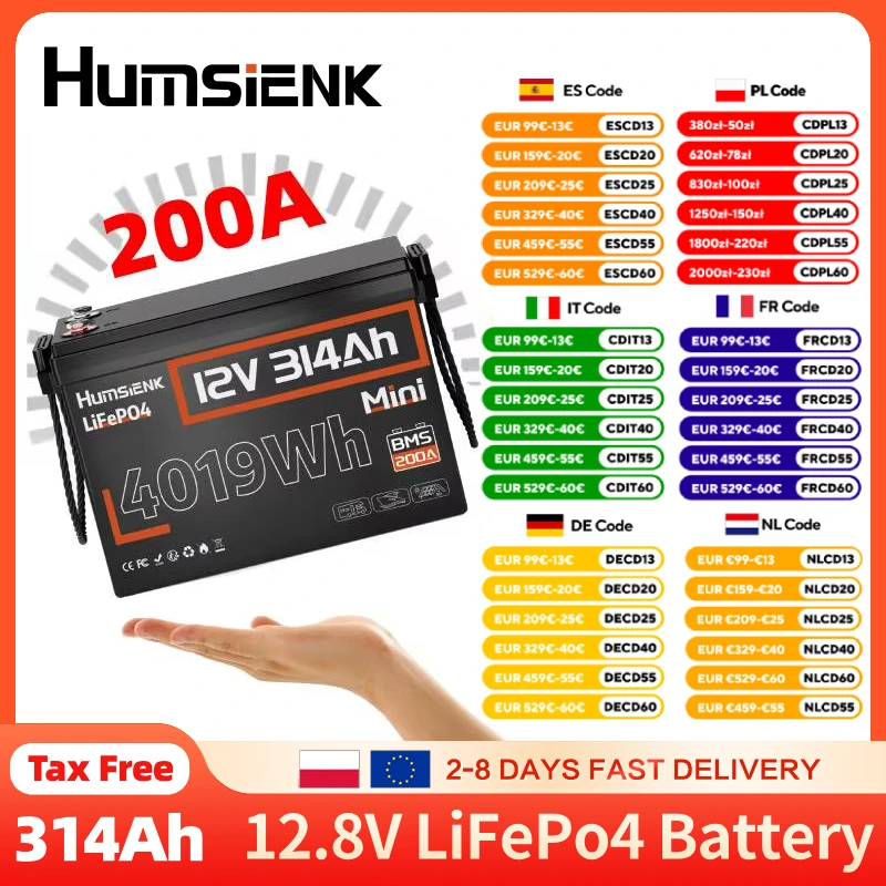 Humsienk LiFePO4 12V 314AH Mini taille batterie intégrée 200A BMS pour Yacht extérieur voiturette de Golf Camping RV système solaire de secours