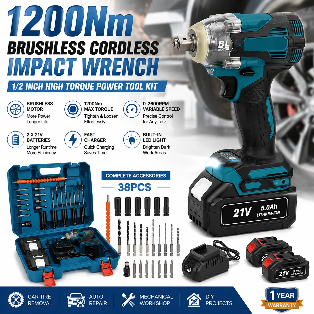 1200Nm Bürstenloser Akku-Schlagschrauber 1/2 Zoll Hochleistungs-Werkzeugset mit 2 Akkus, Schnellladegerät, Elektrische Schlagschrauberpistole für Autoreifen-Demontage, Autoreparatur, Mechanische