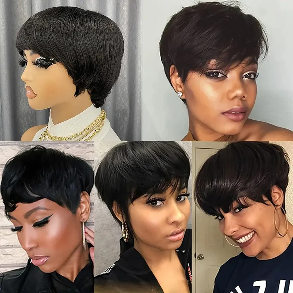 100% Human Hair Pixie Cut Straight Short With Bangs Brazilian Remy Human Hair Wigs Machine Made Wig For Women Natural Black