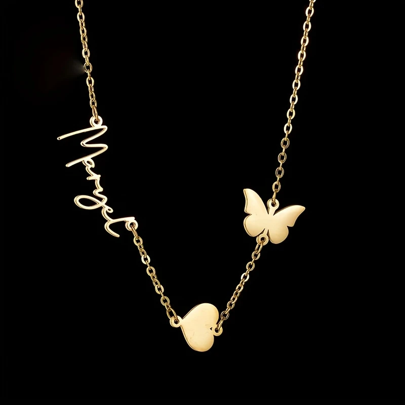 Personalized Letter Clavicle Chain Custom Stainless Steel Necklace With Butterfly Rose Heart Snowflake Maple Leaf Charms view 4