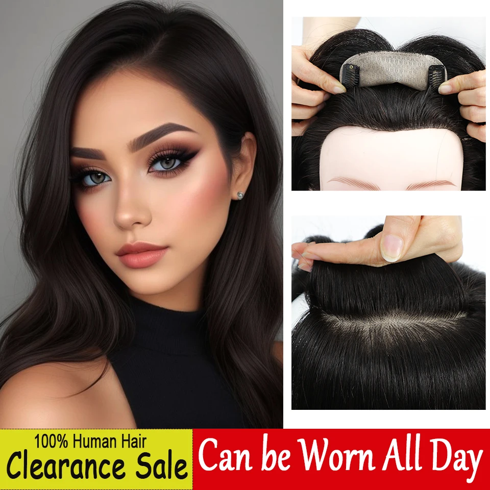 Dazzeal Human Natural Hairpiece Real Human Hair Topper Woman Hairpieces Black Long Hair Topper With Natural Bangs For Thinning