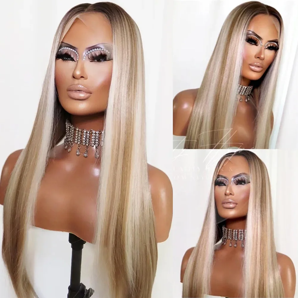 Lace Front Wig Long Silky Straight Wig Platinum Blonde Brunette Highlights Premium High Heat Fibre Synthetic Wig 26” Pre plucked