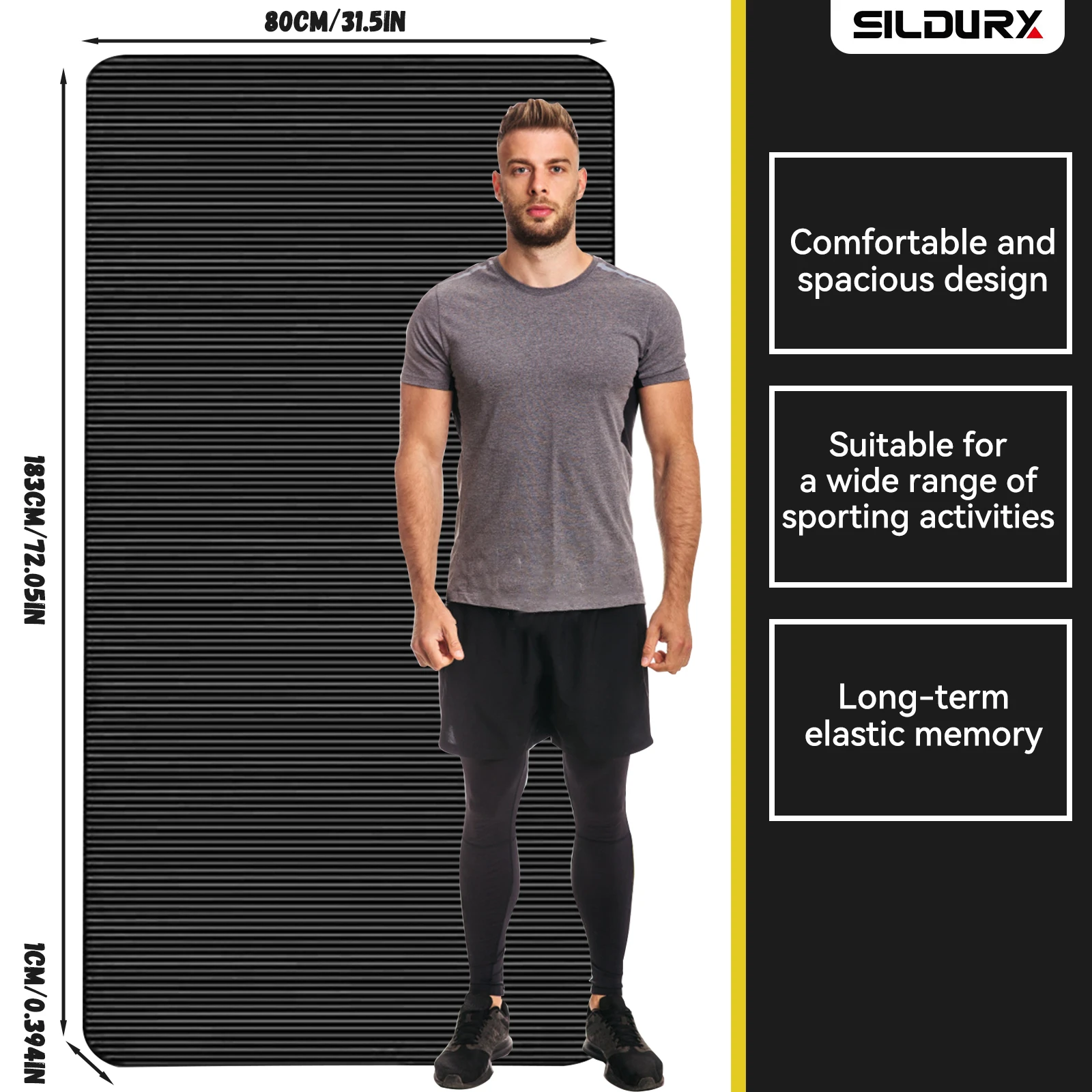 Allargare di 80 cm Tappetino yoga antiscivolo extra spesso - Per pilates, fitness e allenamenti a casa Supporto ad alta densità con cinghia per il trasporto