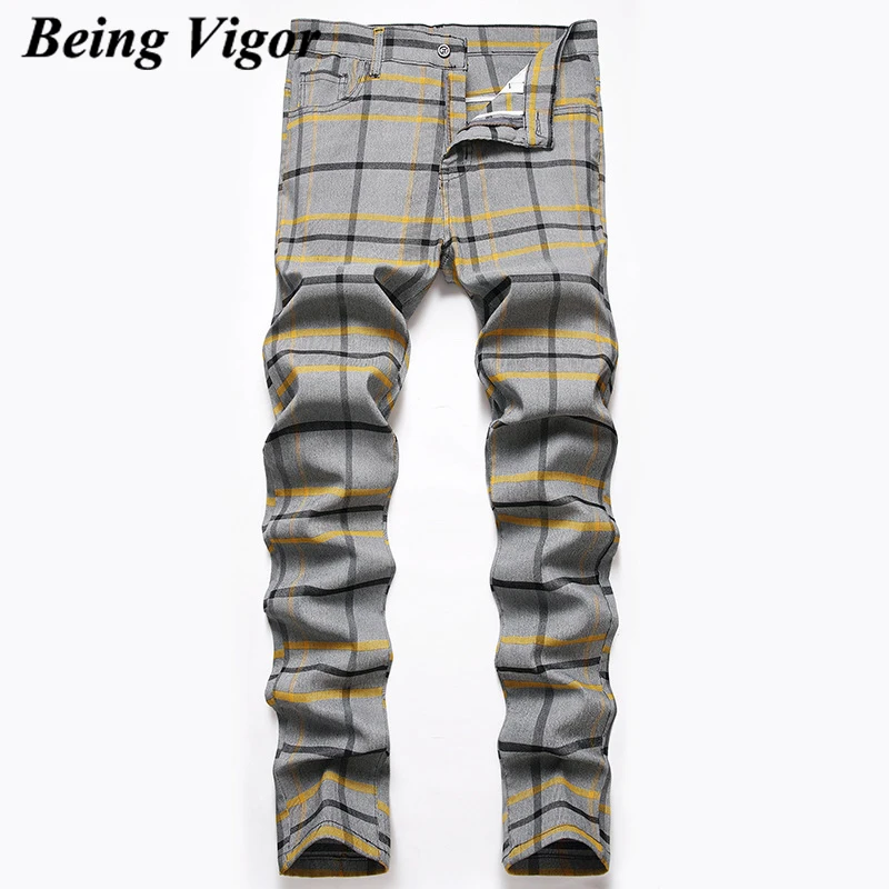 Being Vigor Street Stretchy Skinny Mens Chino Pants Inch Size Straight Plaid Business Casual Pants Slim Fit Leisure Trousers