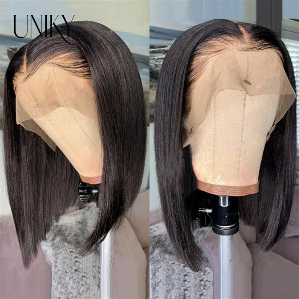 Peluca de cabello humano liso con encaje frontal, pelo brasileño predespuntado, transparente, corto, Bob, 13x4