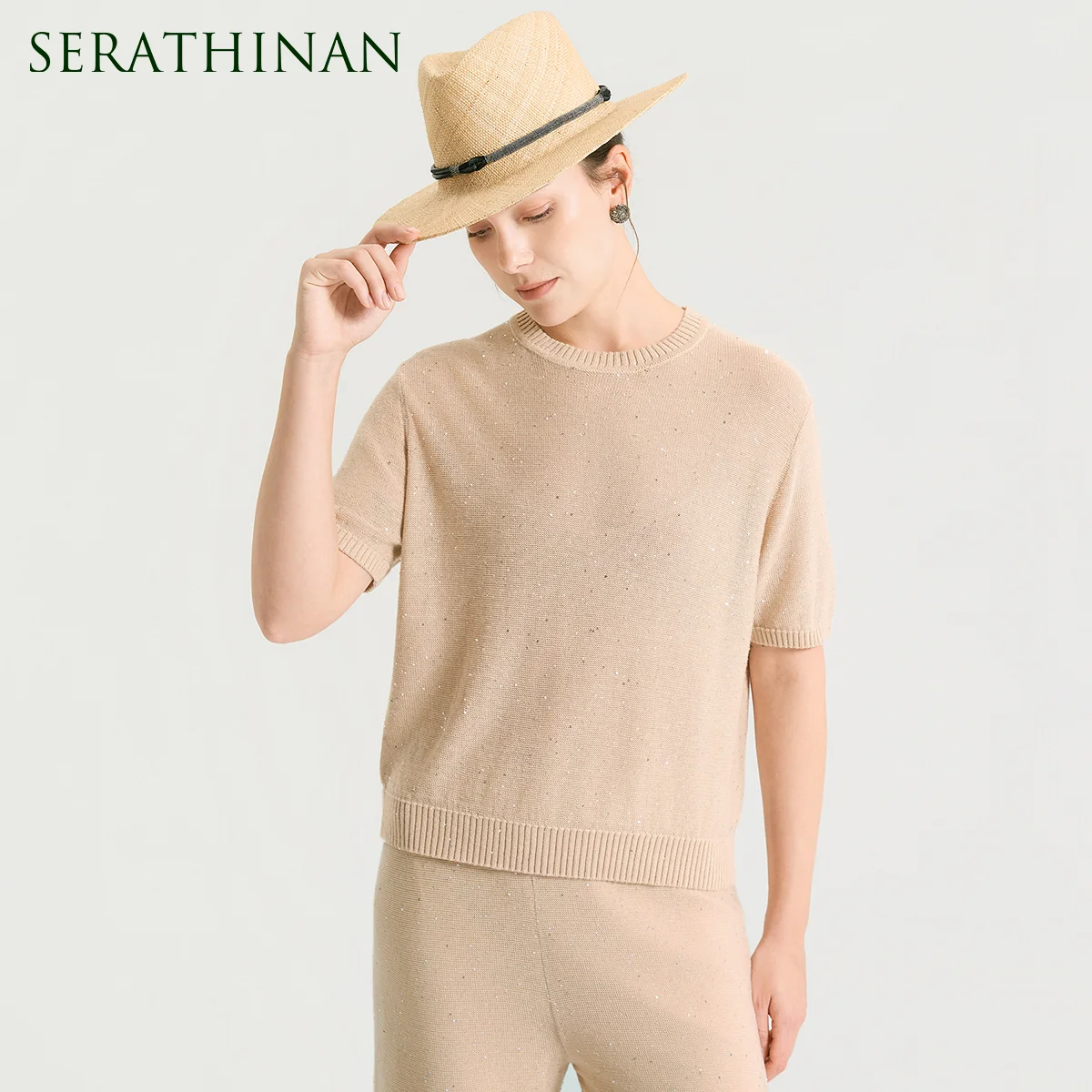 BY4611486 Luxury Sequin Silk Linen Blend Knit Pullover Women's Short Sleeve Lyocell Blend T-Shirt Loose Chic Designer Top
