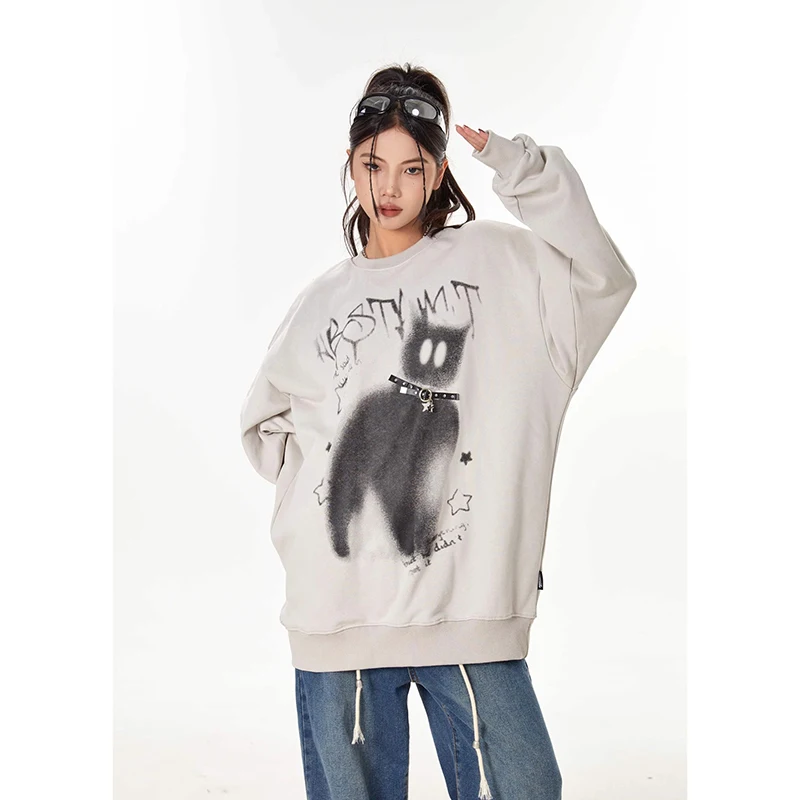 American Cartoon Cat Pattern Round Neck Sweatshirt Women Autumn Retro College Style Couple Casual Long Sleeve Top