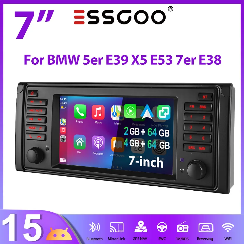ESSGOO Android 15 Autoradio Player 7 Zoll IPS Touchscreen Display 2+64GB 4+64GB Apple CarPlay Android Auto Für BMW 5er E39 M5 1996-2003 GPS Navigation FM Bluetooth Lenkradfernbedienung Wifi Spiegel