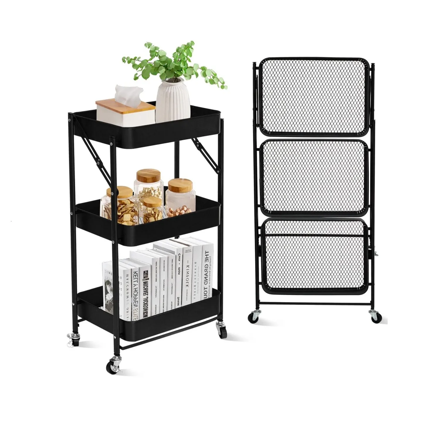 3 Tier Foldable Metal Rolling Utility Cart Organizer,Multipurpose Organizer Trolley with Casters 46x30x76cm,Black,Home,Ktichen