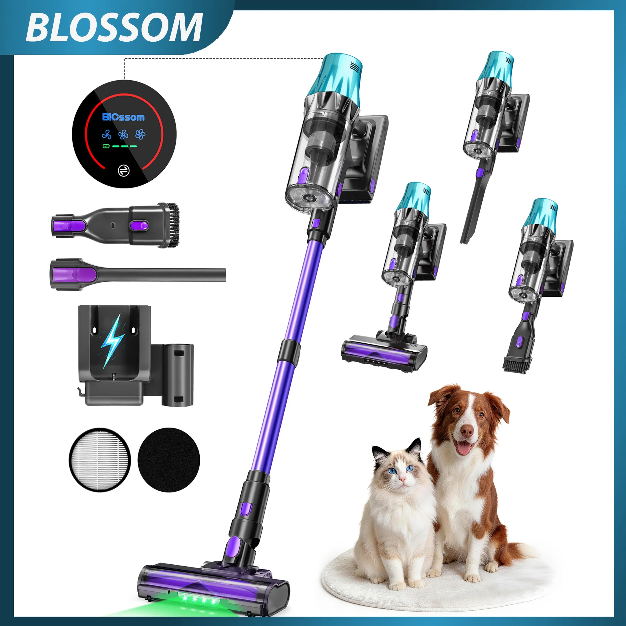 Aspirateur sans fil Blossom V20, moteur sans balais 650W, aspiration puissante 55KPa, autonomie 65 min, lumière LED verte, pour poils d'animaux, sols durs et tapis