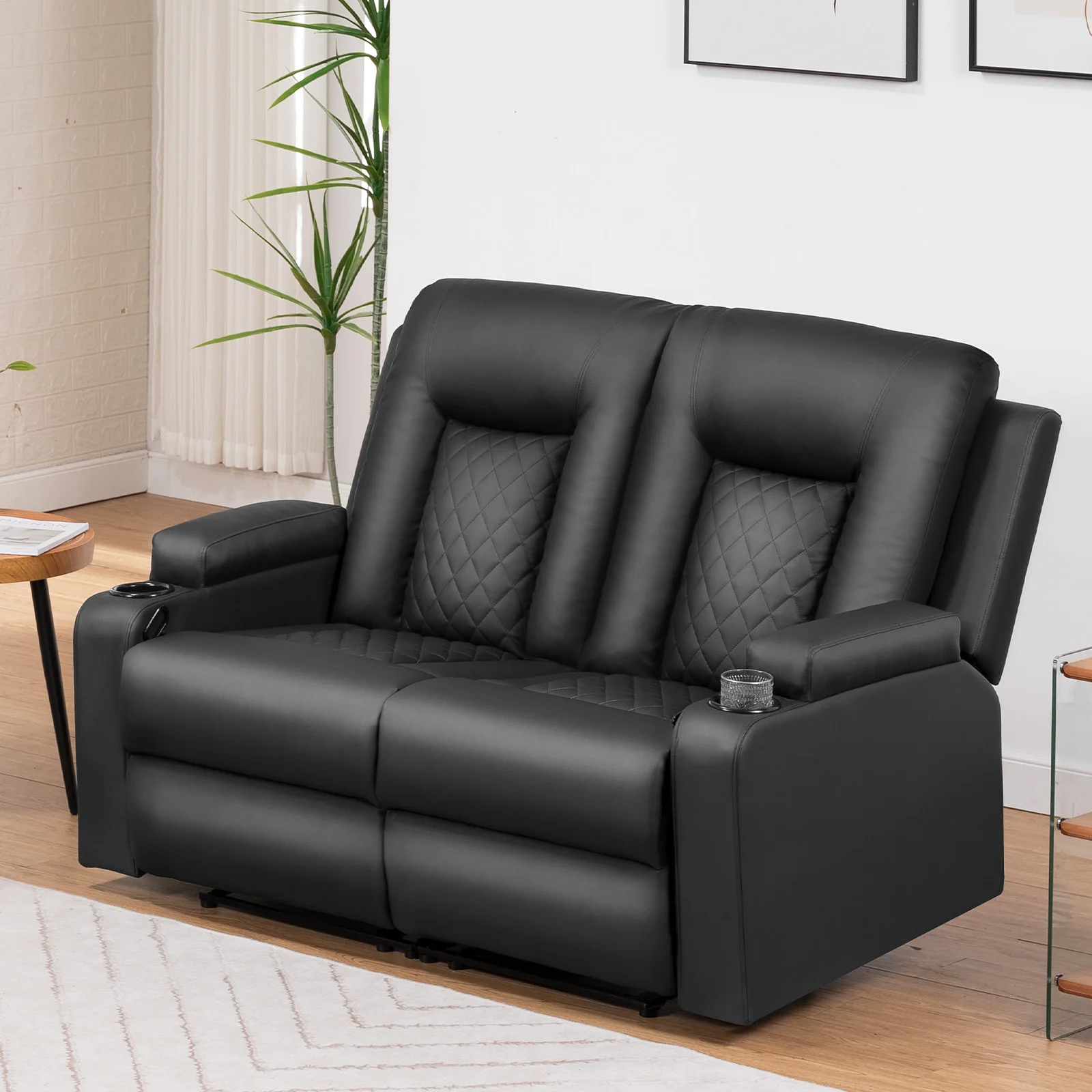 COMHOMA Recliner Sofa 2 Seater Sofa Set Black Faux Leather Foam Seats Suite For Living Room Armchair