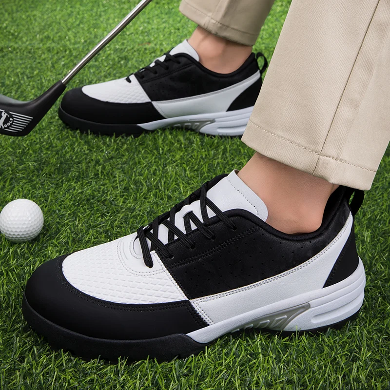 Sapatilhas de golfe de couro impermeáveis para homens e mulheres, sapatilhas antiderrapantes spikeless, sapatilhas leves para treinamento de golfe, sapatos esportivos pretos