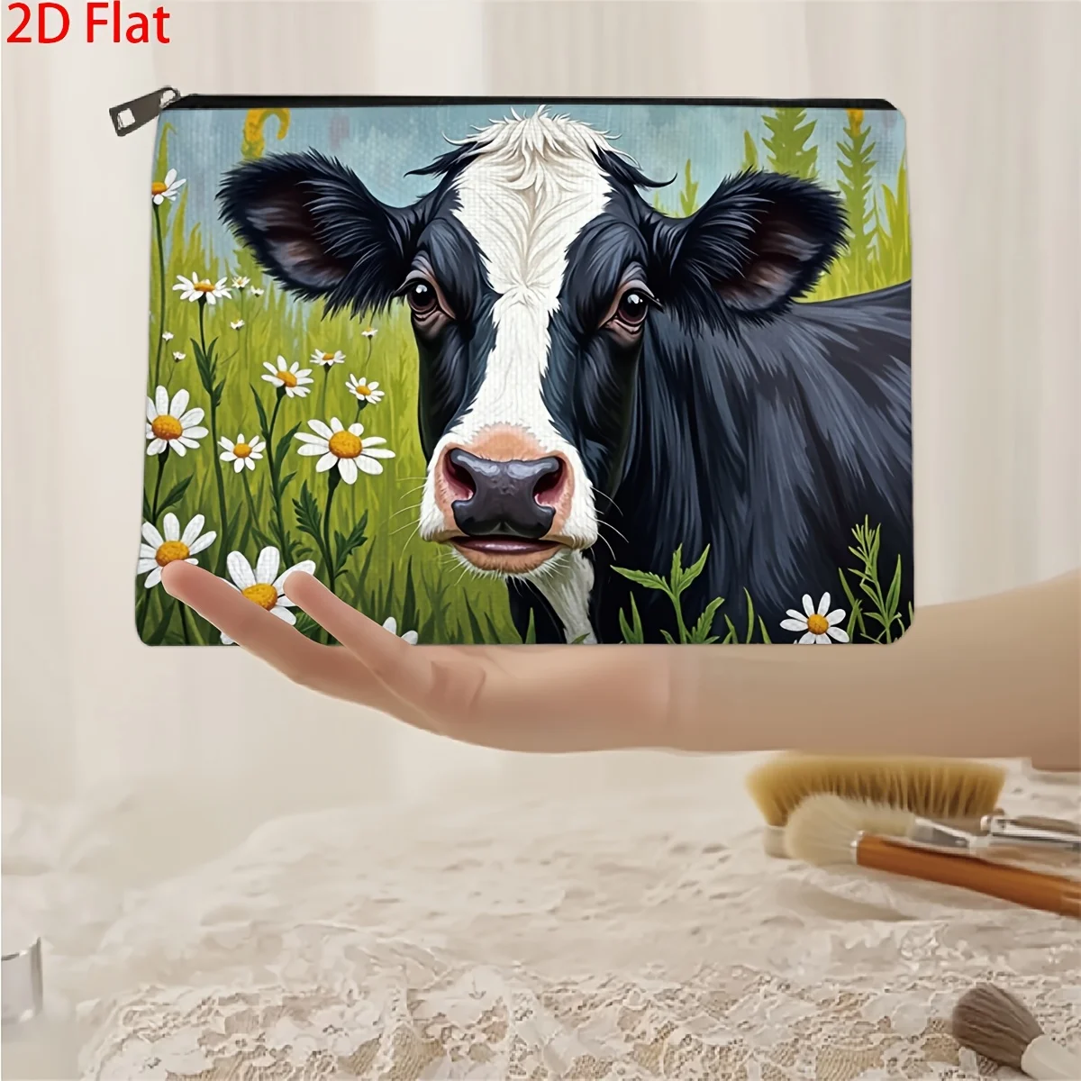 1Pc Pastoral Style Cow Retro Design Multifunctional Travel Makeup Bag, Snack Storage Bag, Stationery Storage Bag, Fashionable Toiletry Bag, Canvas Double-Sided Printed Zipper Pouch